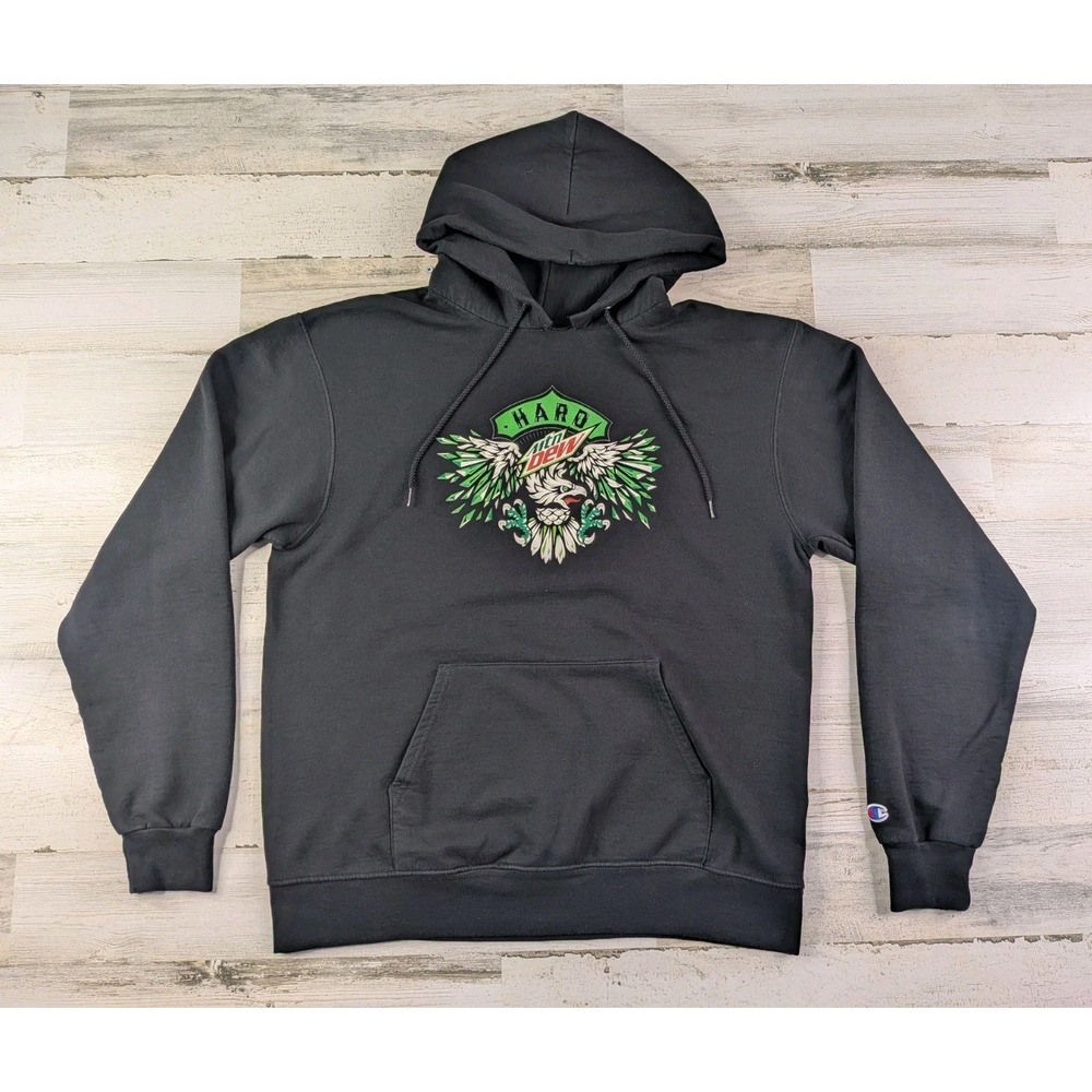 Champion Hard Mountain Dew Hoodie Mens Large Black Graphic Pullover Distressed